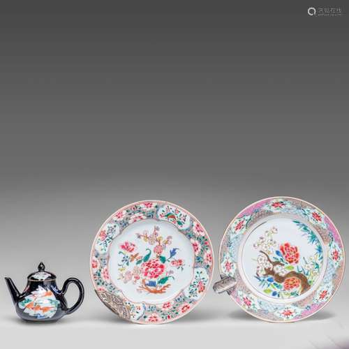 Two Chinese famille rose export porcelain dishes, with silve...