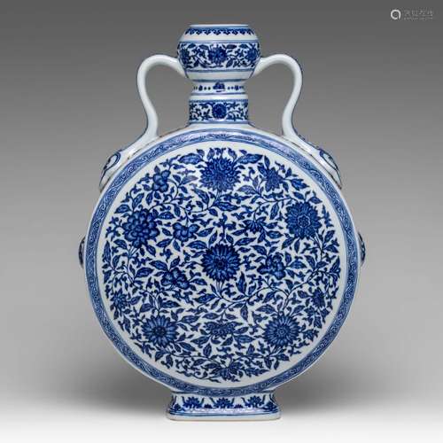 A Chinese blue and white 'Scrolling Lotus' moon flask, paire...