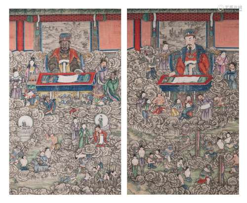 A series of two Chinese scroll paintings, colour on silk, de...