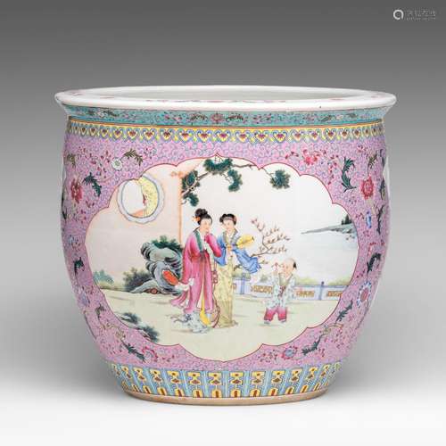 A Chinese famille rose 'Beauties in a garden' jardiniere, 20...