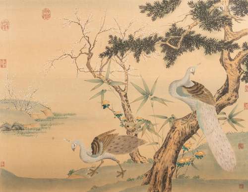 A Chinese painting, colour and ink on silk, 'Peacocks on pin...