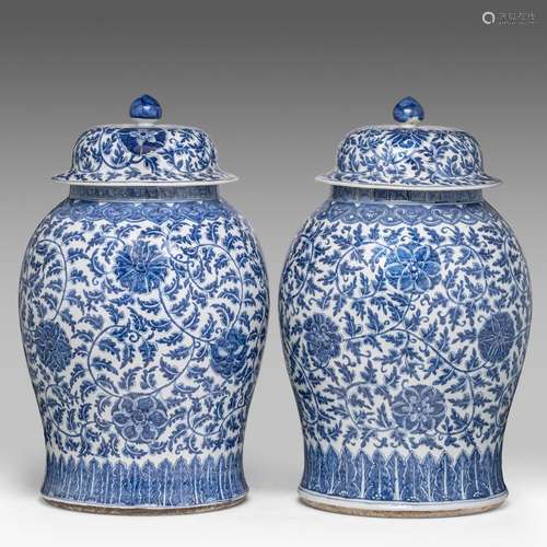 A pair of Chinese blue and white 'Scrolling Lotus' baluster ...