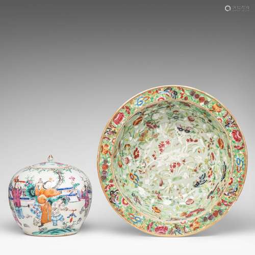 A Chinese Canton basin and a famille rose ginger jar, 19thC,...