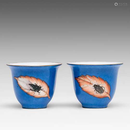 A set of two fine Chinese blue ground 'Beetle and Cricket' w...