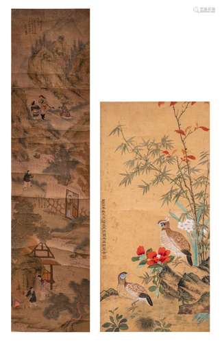 Two Chinese scroll paintings, ink on paper, 'Birds and flowe...