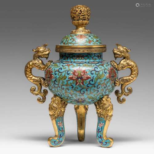 A fine Chinese cloisonne enamelled tripod censer and cover, ...