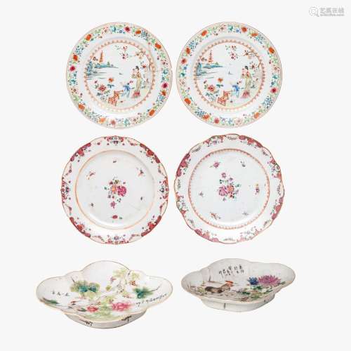 Two Chinese lobed lozenge-shaped footed plates, each with a ...