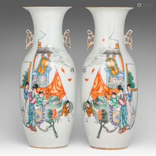 A pair of Chinese famille rose 'Qilin bringing the boys' vas...