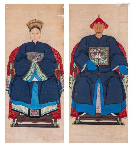 A series of two Chinese portrait scroll paintings, ink on pa...