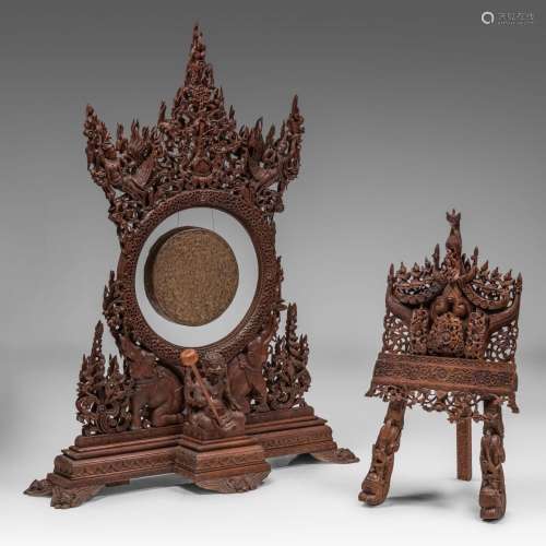 A Burmese gong hung on a carved hardwood stand, 19thC, H 171...