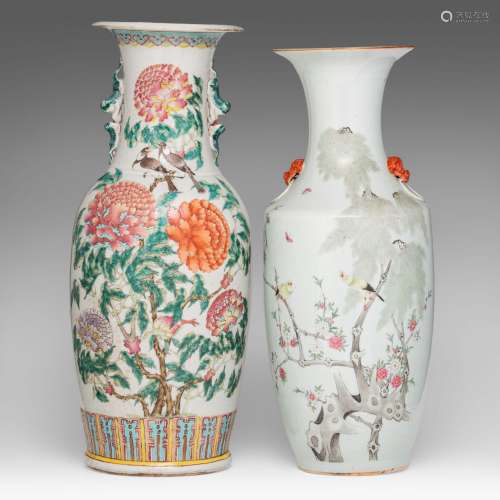 Two Chinese famille rose vases, paired with lion handles, on...