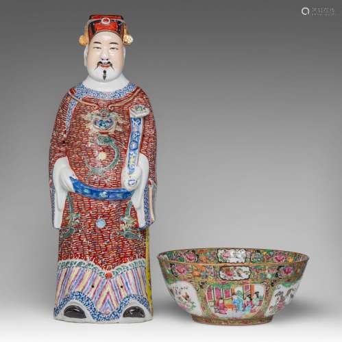 A Chinese famille rose enamelled biscuit figure of Lu Xing, ...