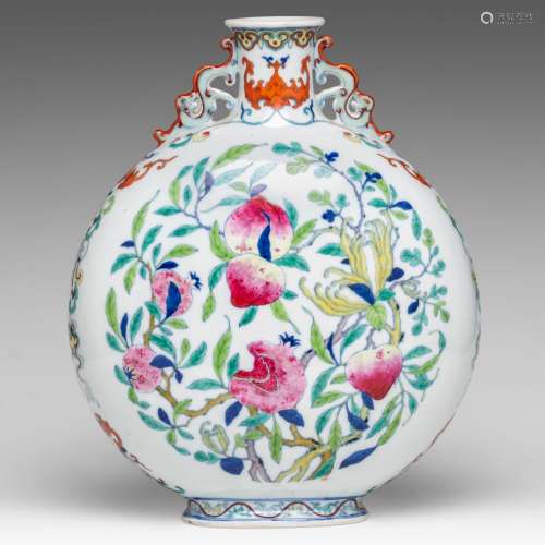A Chinese famille rose 'Sanduo' moon flask, paired with chil...