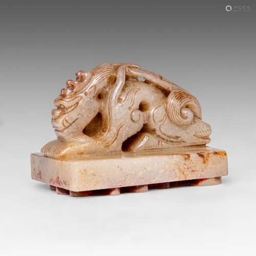 A Chinese carved russet jade 'Mythical Beast' seal, Yuan sty...