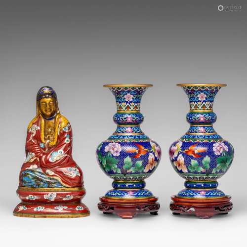 A Chinese cloisonne enamelled bronze figure of Guanyin, on a...