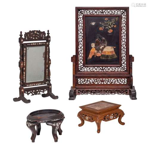 A collection of Chinese table screens and stands, 19thC, tal...