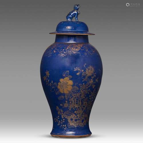 A Chinese gilt on blue ground baluster vase and cover, Qianl...
