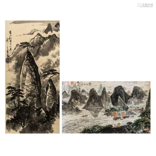 Two Chinese scroll paintings, ink on paper, 'Mountainous lan...