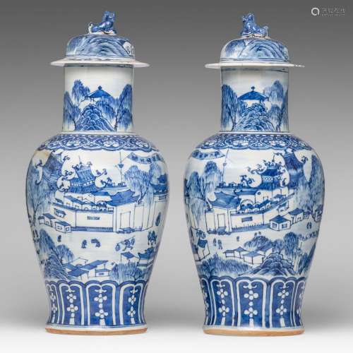 A pair of Chinese blue and white 'Townscape' baluster vases ...
