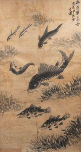 A large Chinese painting, ink on paper, 'Carp in a pond', in...