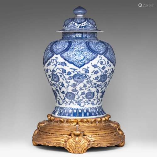 A Chinee blue and white baluster vase and cover, on a Europe...