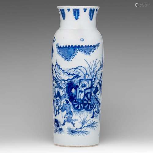 A Chinese Transitional style blue and white sleeve vase, H 4...