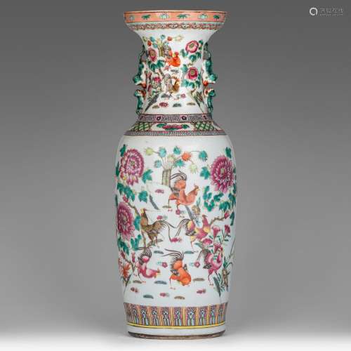 A Chinese famille rose 'Cockerel' vase, 19thC, H 61 cm