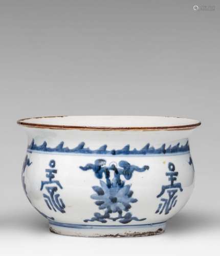 A Chinese Kangxi style blue and white 'Lotus' censer, 18thC,...