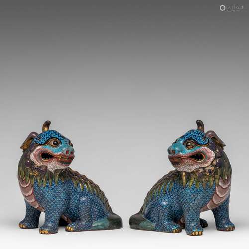 A pair of Chinese cloisonne enamelled figures of a Qilin, la...