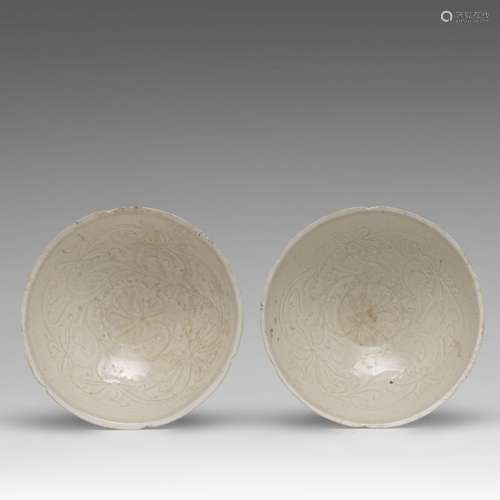 A pair of Chinese incised qingbai bowls, Song-Ming dynasty, ...