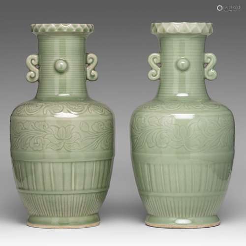 A pair of Chinese carved and celadon-glazed 'Lotus' vases, p...