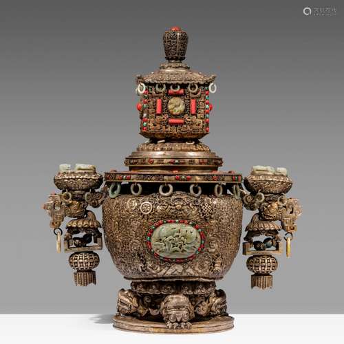 A massive Sino-Tibetan metal censer with jade carvings, cora...