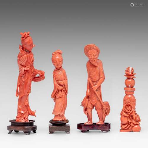 A collection of three Chinese coral figures and a ditto snuf...