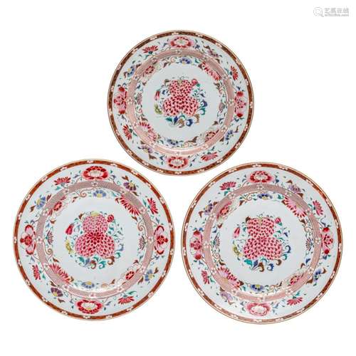 Three fine Chinese famille rose 'Chrysanthemum' chargers, Yo...