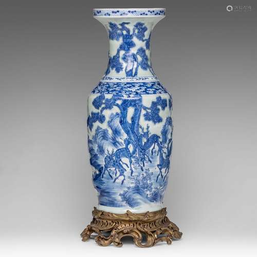 A Chinese blue and white on celadon ground eDeer below pinee...