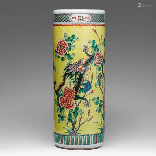 A Chinese famille jaune cylindrical umbrella stand, late 19t...