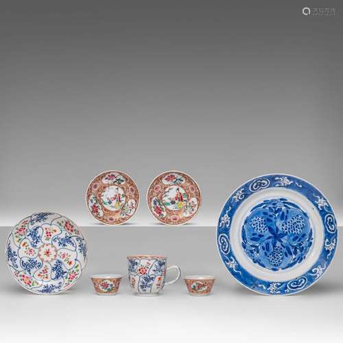 Three sets of Chinese famille rose export porcelain cups and...