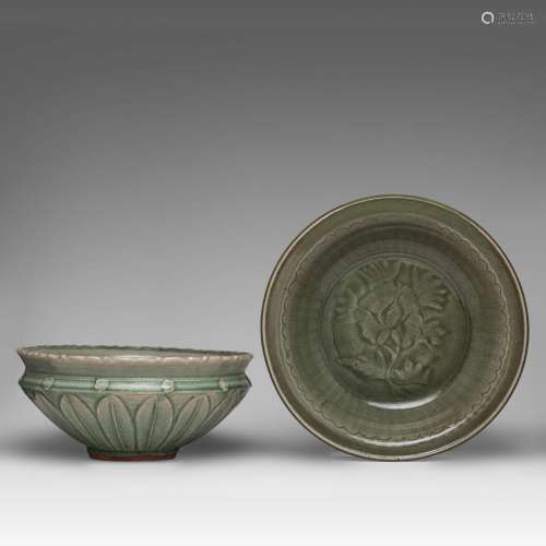 A Chinese Longquan celadon 'Lotus' bowl and 'Peony' deep pla...