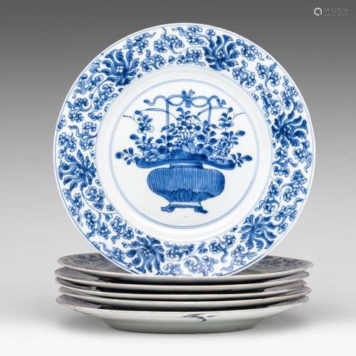 A series of six Chinese blue and white 'Flower basket' plate...