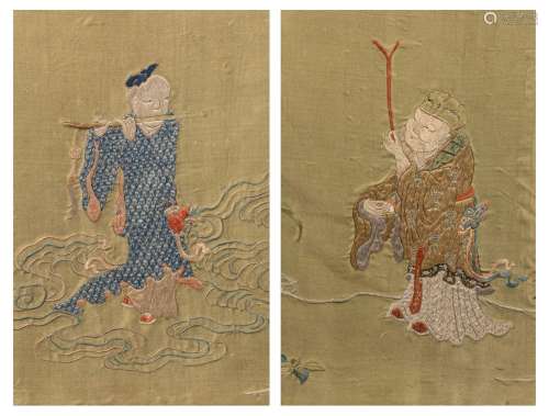 A set of two Chinese silk embroideries, depicting Immortals,...
