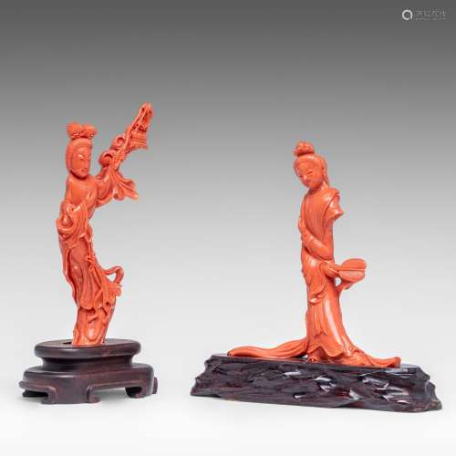 Two Chinese coral figures of an elegant beauty, one fixed on...
