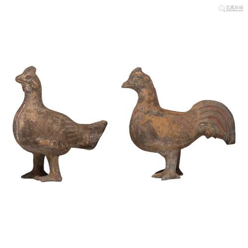 Two Chinese Han pottery figures of roosters, Han dynasty, H ...