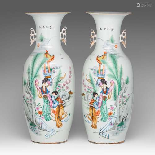 A pair of Chinese famille rose vases, with signed texts, Rep...