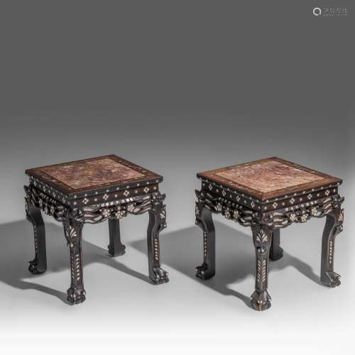 A pair of Chinese hardwood stands, mother-of-pearl inlay and...