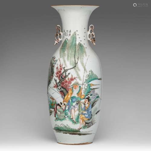 A Chinese famille rose 'Fisherman' vase, paired with lingzhi...