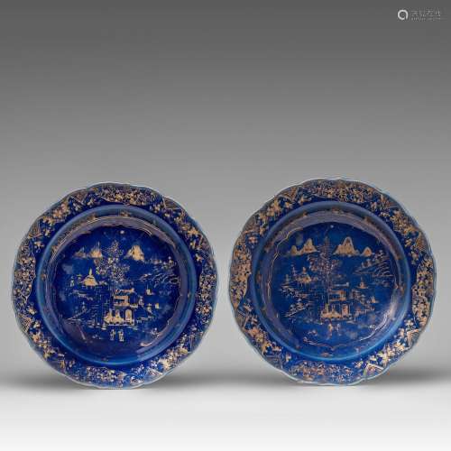 Two Chinese gilt on blue ground flower-shaped deep plates, Q...