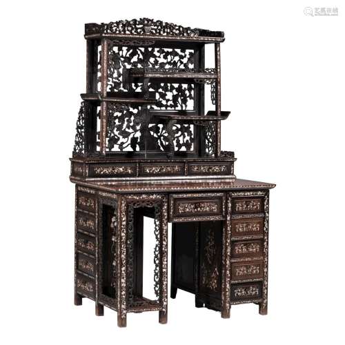 A rare Chinese hardwood hongmu desk, mother-of-pearl inlaid,...