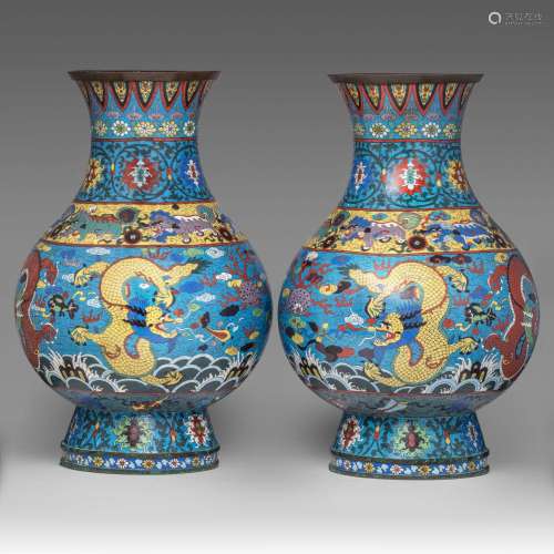 A pair of impressive Chinese Ming-style cloisonne enamelled ...