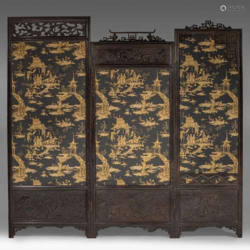 A Chinese hardwood assembled three-panelled chamber screen, ...