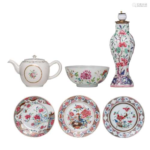 Three Chinese famille rose export porcelain dishes and three...